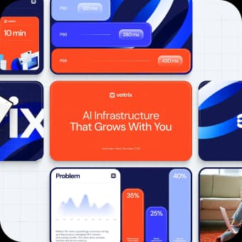 Pitch deck and product UI collage